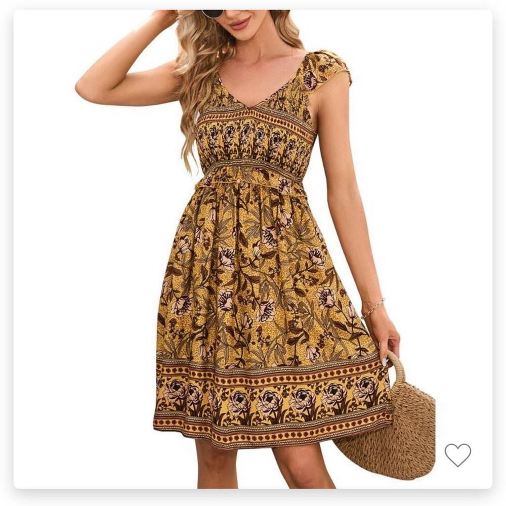 Women's Summer Boho floral V neck, high waisted, Ruffle Summer Dress-  2XL- NEW